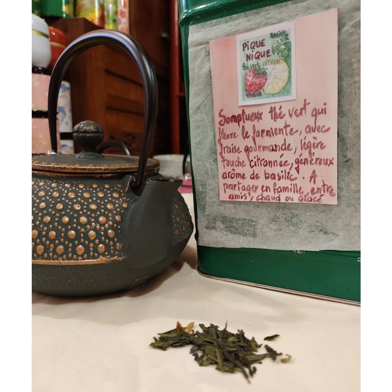 Thé vert parfumé Pique Nique : fraise citron basilic Sachet 100 grammes