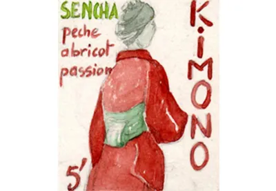 Superbe robe colorée pour le thé vert Kimono délicatement aromatisé à la pêche et à l'abricot. Fruité et léger pour tous les amateurs de thé vert.
