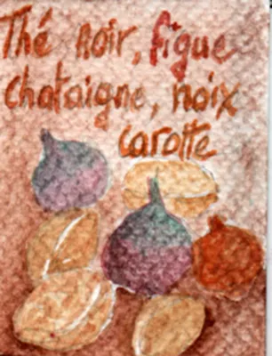 Etiquette aquarelle thé noir figues, châtaigne, noix ,