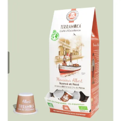 Monsieur Albert: café bio en capsule compostable Terramoka est un café né d’une rencontre avec des fermiers de la région du Cajamarca, au Nord du Pérou, il est le fruit de leur travail autour du respect de la nature. Vous y découvrirez une tasse