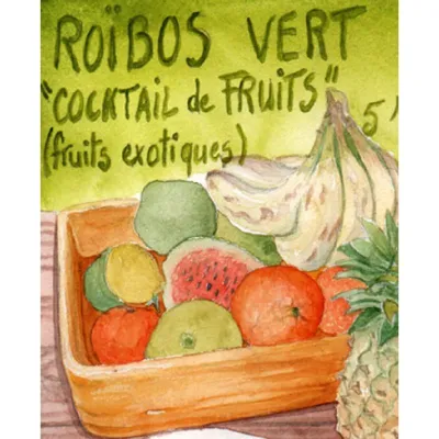 Découvrez le rafraîchissant rooïbos vert cocktail de fruits, une infusion sans théine débordante de saveurs exotiques. Ce rooïbos non oxydé, récolté dans les montagnes d'Afrique du Sud, offre une base légère et délicate, parfaitement sublimée par un