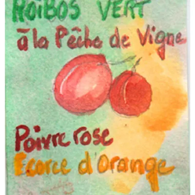 Rooïbos vert à la pêche de vigne, doux et fruité, relevé d'une touche de poivre rose et d'écorce d'orange. Sans théine, idéal chaud ou glacé.