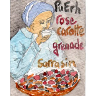 Le Puerh Grenade, Carotte, Sarrasin et Rose est un joli mélange de thé sombre décoré de grenade, pétales de rose, flocons de carottes et sarrasin soufflé