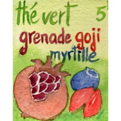 Thé vert Sencha goji grenade: du thé sencha, de la grenade, de la myrtille et des baies de goji pour faire le plein d'énergie tout en douceur et subtilité.